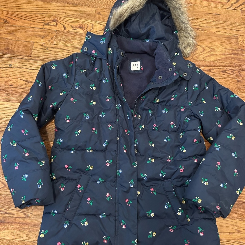 GAP Kids Floral Puffer Jacket with Faux Fur Hood